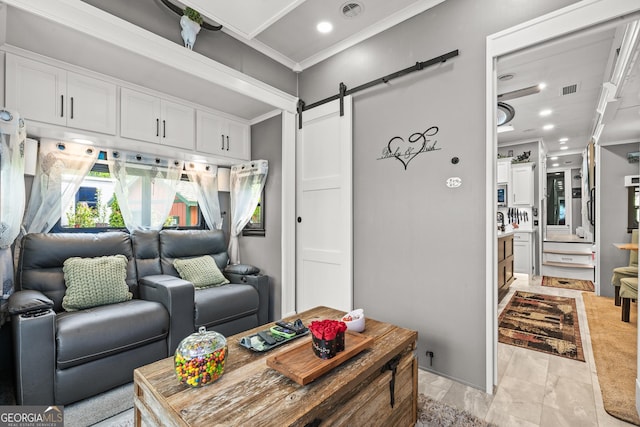 344 Choestoe Falls Cir, Blairsville, GA 30512 - living area with a barn door and ornamental molding