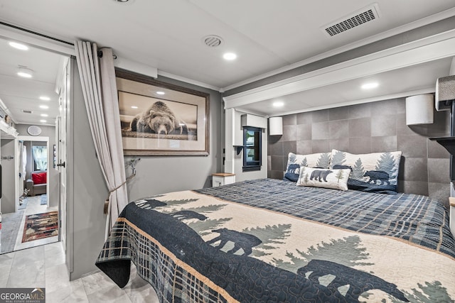 344 Choestoe Falls Cir, Blairsville, GA 30512 - bedroom featuring ornamental molding, marble look tiles, and recessed lighting