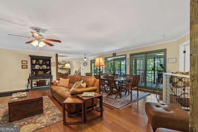 living area with wood finished floors, ornamental molding, and ceiling fan