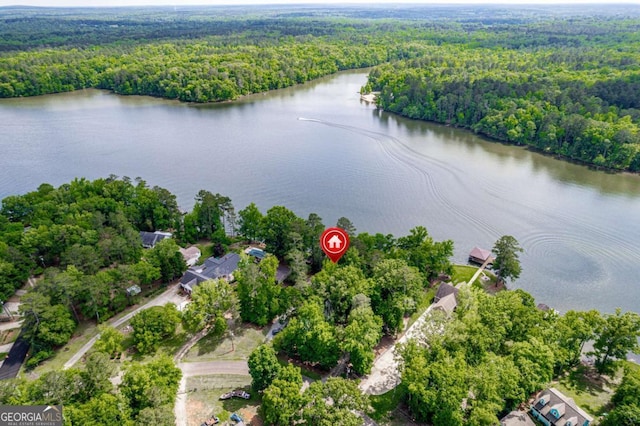 bird's eye view of a heavily wooded area and a nearby body of water