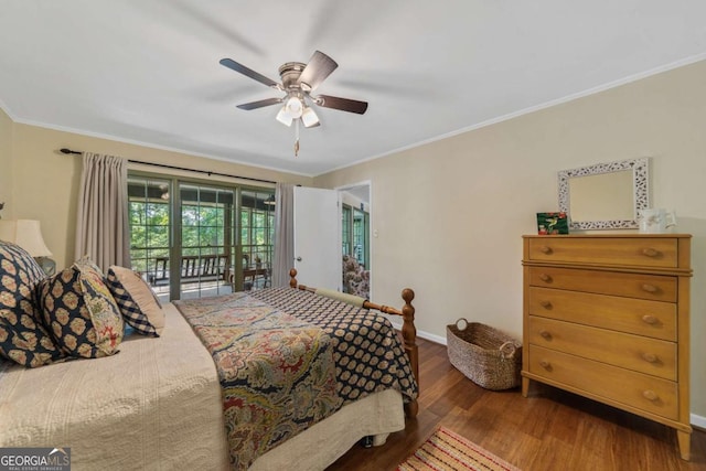 bedroom with access to exterior, ornamental molding, wood finished floors, baseboards, and a ceiling fan