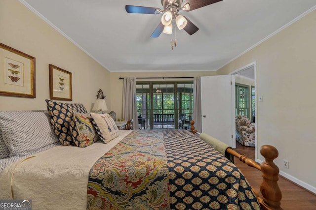 bedroom featuring access to outside, wood finished floors, crown molding, baseboards, and ceiling fan