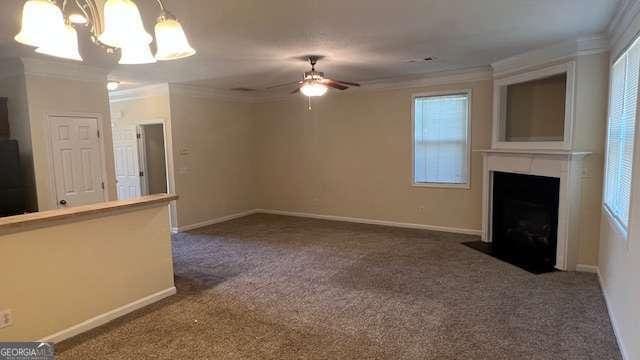 7055 Blairs View Dr Unit 1, Austell, GA 30168 - unfurnished living room with ornamental molding, carpet floors, a chandelier, a large fireplace, and ceiling fan