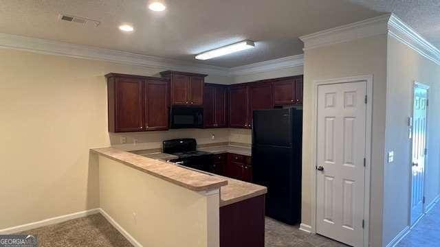 7055 Blairs View Dr Unit 1, Austell, GA 30168 - kitchen featuring black appliances, a peninsula, crown molding, light countertops, and baseboards