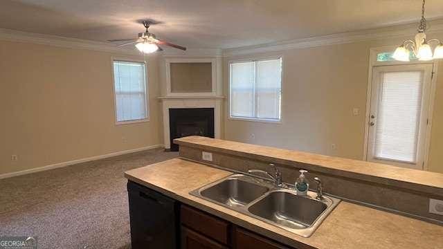 7055 Blairs View Dr Unit 1, Austell, GA 30168 - kitchen featuring dishwasher, a sink, open floor plan, a chandelier, and ceiling fan