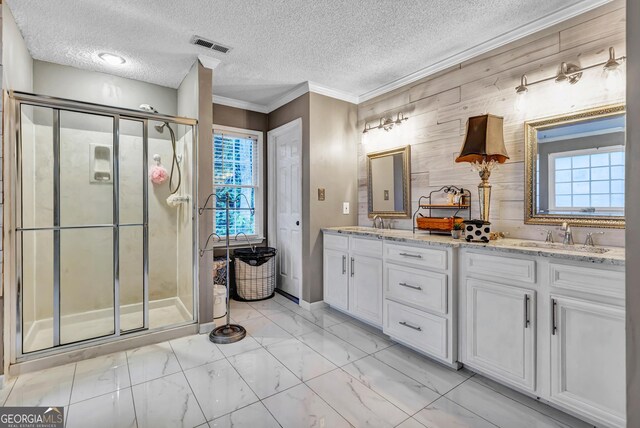 4250 Edgewater Ct NW, Kennesaw, GA 30144 - bathroom with marble look tile flooring, a shower stall, double vanity, wood walls, and a textured ceiling
