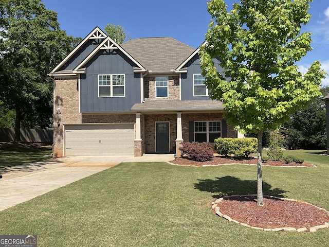 craftsman-style house with brick siding, a garage, board and batten siding, and driveway