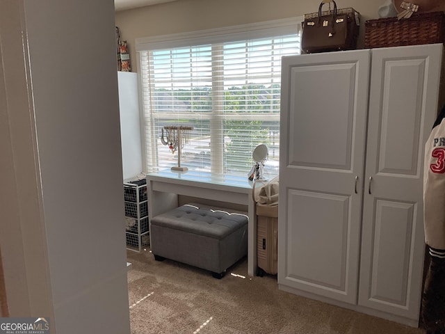 sitting room featuring light colored carpet