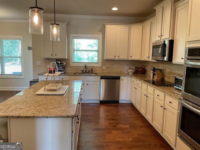 101 Elkins Blvd, Locust Grove, GA 30248 - kitchen with stainless steel appliances, crown molding, white cabinets, dark wood-type flooring, and backsplash