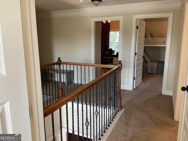 hall with an upstairs landing, carpet flooring, ornamental molding, and baseboards