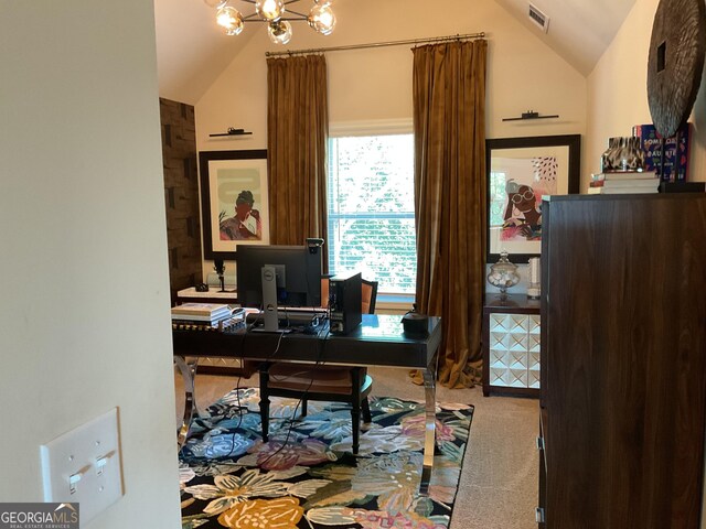 101 Elkins Blvd, Locust Grove, GA 30248 - home office featuring lofted ceiling, a chandelier, and carpet