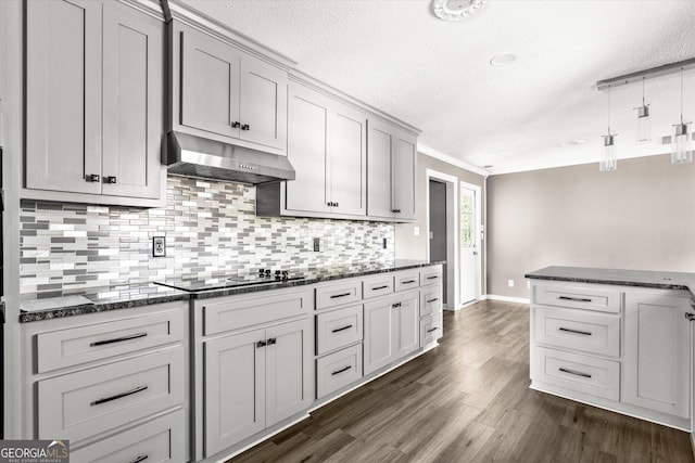 125 Sycamore Dr, Athens, GA 30606 - kitchen featuring exhaust hood, black electric cooktop, tasteful backsplash, dark wood-style flooring, and a textured ceiling