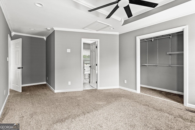 125 Sycamore Dr, Athens, GA 30606 - unfurnished bedroom featuring crown molding, carpet, a closet, recessed lighting, and connected bathroom