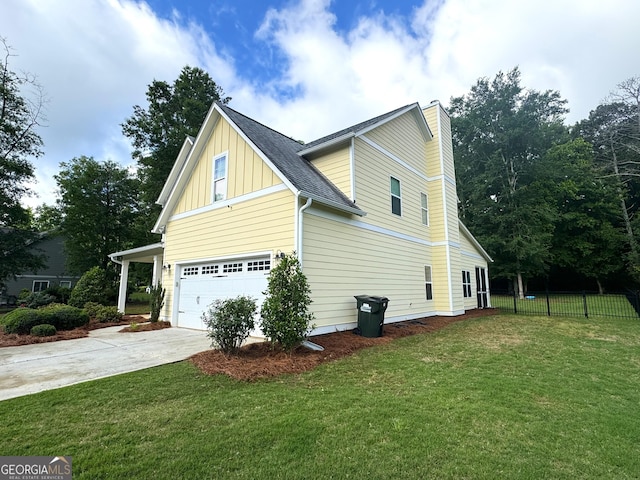 view of side of property featuring board and batten siding, concrete driveway, a chimney, a garage, and a shingled roof