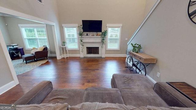 living room with hardwood / wood-style floors, baseboards, and a fireplace