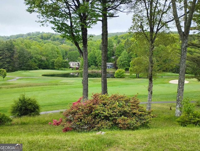 view of community featuring a water view, view of golf course, and a yard