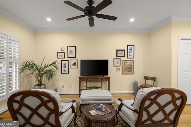40 Ivy Chase NE, Atlanta, GA 30342 - living area with light wood-style flooring, a ceiling fan, ornamental molding, baseboards, and recessed lighting