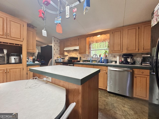 kitchen with stainless steel appliances, under cabinet range hood, a kitchen island, and a sink
