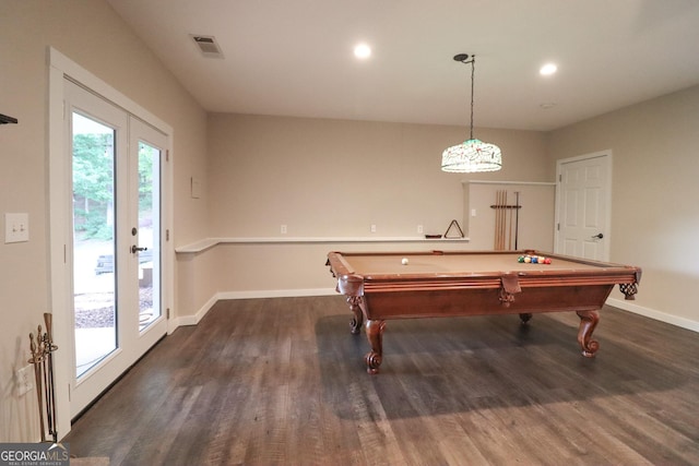 rec room with wood finished floors, baseboards, pool table, and recessed lighting