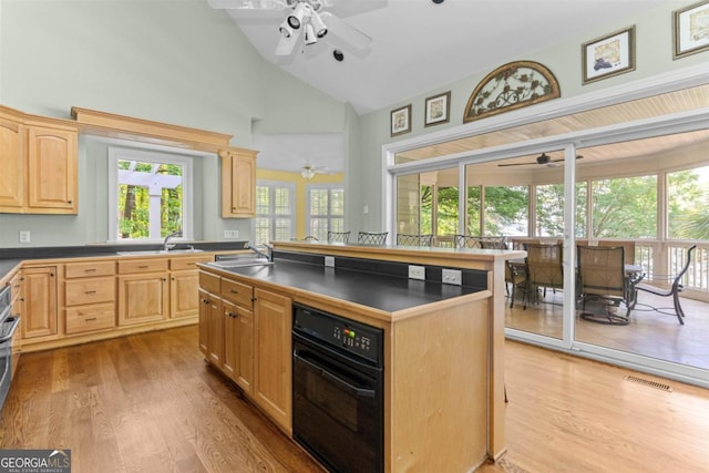 1221 Cosby Cir, Greensboro, GA 30642 - kitchen with ceiling fan, light brown cabinetry, wood finished floors, and high vaulted ceiling
