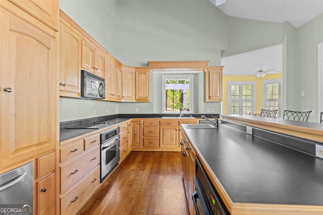 1221 Cosby Cir, Greensboro, GA 30642 - kitchen featuring black appliances, light brown cabinetry, dark wood finished floors, and high vaulted ceiling