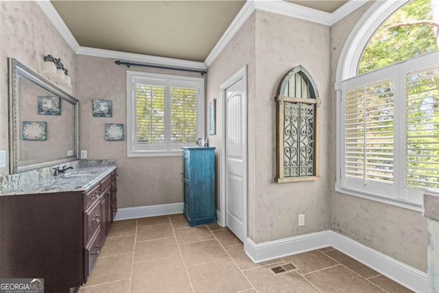 1221 Cosby Cir, Greensboro, GA 30642 - full bathroom with healthy amount of natural light, ornamental molding, tile patterned floors, vanity, and baseboards