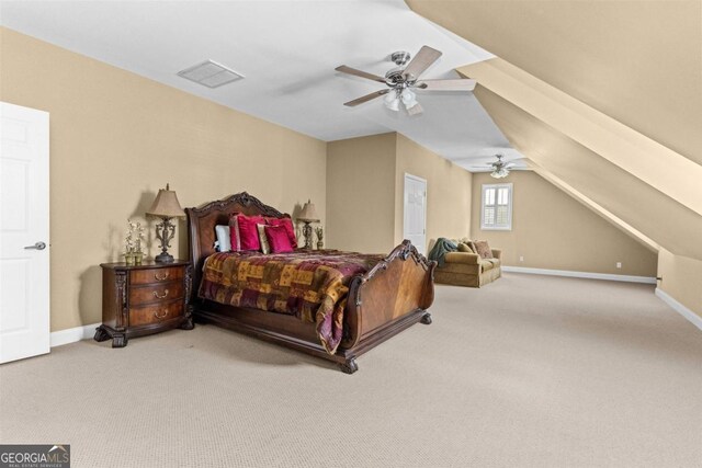 1221 Cosby Cir, Greensboro, GA 30642 - bedroom featuring carpet floors, ceiling fan, baseboards, and vaulted ceiling