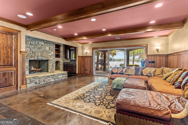 1221 Cosby Cir, Greensboro, GA 30642 - living area with crown molding, wainscoting, beam ceiling, a stone fireplace, and recessed lighting