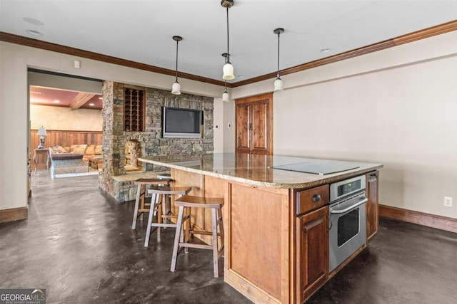 1221 Cosby Cir, Greensboro, GA 30642 - kitchen with oven, black electric stovetop, stone counters, ornamental molding, and a kitchen island