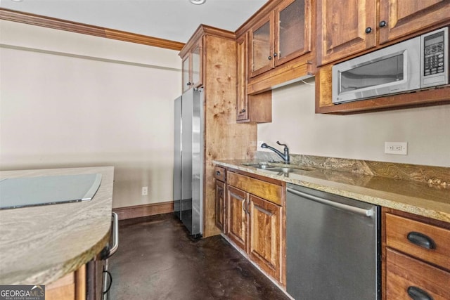 1221 Cosby Cir, Greensboro, GA 30642 - kitchen with stainless steel appliances, a sink, concrete floors, brown cabinets, and glass insert cabinets