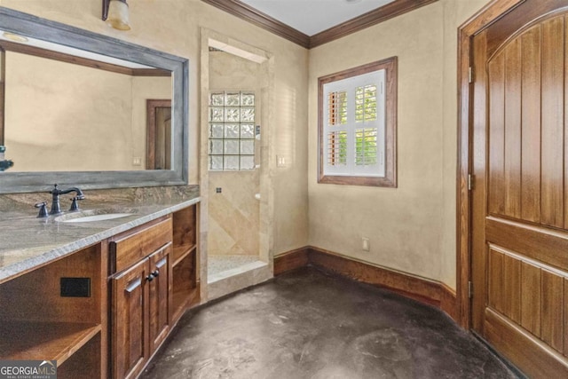 1221 Cosby Cir, Greensboro, GA 30642 - full bathroom featuring concrete floors, crown molding, vanity, and walk in shower