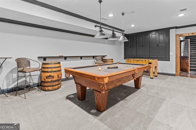 1221 Cosby Cir, Greensboro, GA 30642 - recreation room with baseboards, light carpet, recessed lighting, pool table, and crown molding