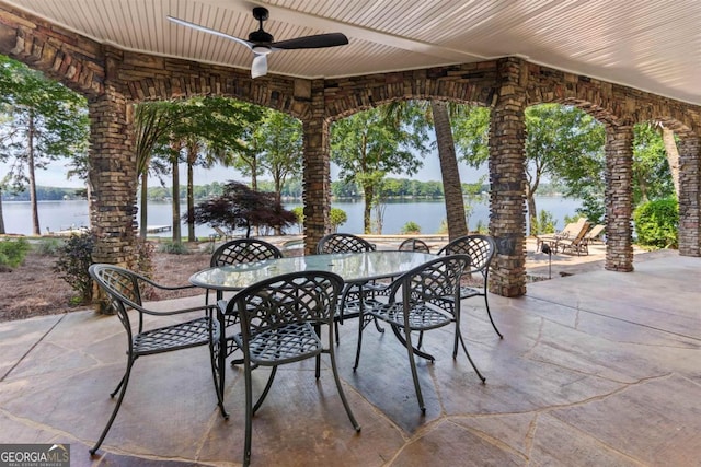 1221 Cosby Cir, Greensboro, GA 30642 - view of patio / terrace featuring outdoor dining area, a water view, and ceiling fan