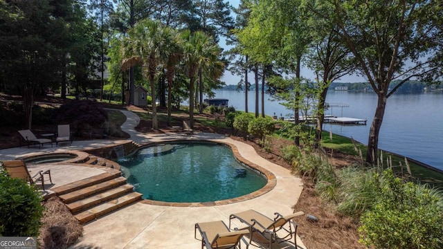 1221 Cosby Cir, Greensboro, GA 30642 - view of pool featuring a patio area, a water view, and a pool with connected hot tub