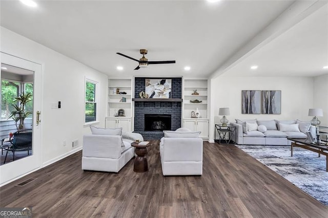 529 Greystone Trl, Marietta, GA 30068 - living room featuring dark wood-style floors, ceiling fan, a fireplace, recessed lighting, and baseboards