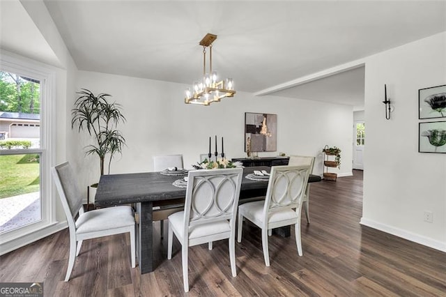 529 Greystone Trl, Marietta, GA 30068 - dining area featuring plenty of natural light, baseboards, dark wood-style flooring, and a chandelier