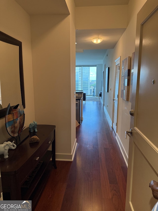 hall featuring baseboards and dark wood-style flooring