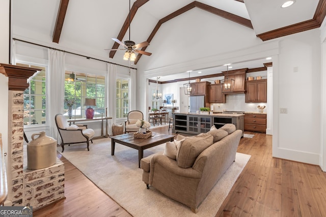 11660 Crabapple Rd, Roswell, GA 30075 - living room featuring ceiling fan, beam ceiling, high vaulted ceiling, light wood finished floors, and recessed lighting