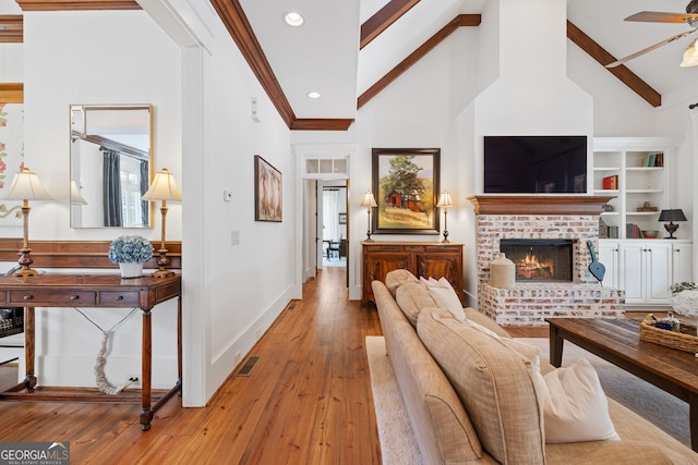 11660 Crabapple Rd, Roswell, GA 30075 - living room featuring ceiling fan, hardwood / wood-style floors, high vaulted ceiling, beam ceiling, and recessed lighting