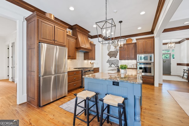 11660 Crabapple Rd, Roswell, GA 30075 - kitchen with appliances with stainless steel finishes, custom range hood, ornamental molding, tasteful backsplash, and a chandelier
