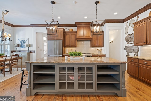 11660 Crabapple Rd, Roswell, GA 30075 - kitchen with open shelves, a chandelier, stainless steel refrigerator, a kitchen island, and decorative backsplash