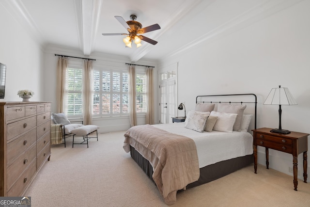 11660 Crabapple Rd, Roswell, GA 30075 - bedroom featuring light carpet, beamed ceiling, and ceiling fan