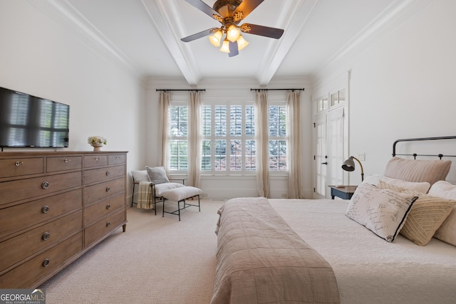 11660 Crabapple Rd, Roswell, GA 30075 - bedroom with beam ceiling, light carpet, ceiling fan, and ornamental molding