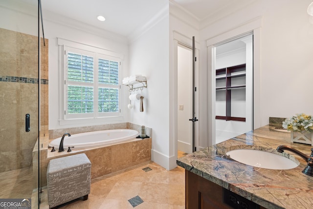 11660 Crabapple Rd, Roswell, GA 30075 - bathroom with a shower stall, a bath, vanity, crown molding, and a spacious closet