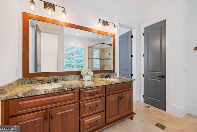 11660 Crabapple Rd, Roswell, GA 30075 - full bath featuring a stall shower, ornamental molding, and double vanity
