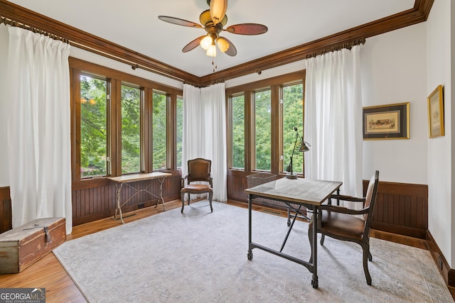 11660 Crabapple Rd, Roswell, GA 30075 - home office featuring ornamental molding, a wainscoted wall, a ceiling fan, wood finished floors, and wooden walls
