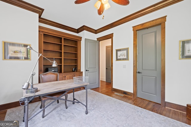 11660 Crabapple Rd, Roswell, GA 30075 - office space featuring wood finished floors, crown molding, and a ceiling fan
