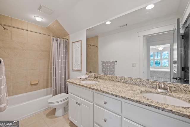 11660 Crabapple Rd, Roswell, GA 30075 - bathroom featuring shower / bathtub combination with curtain, double vanity, tile patterned floors, and recessed lighting