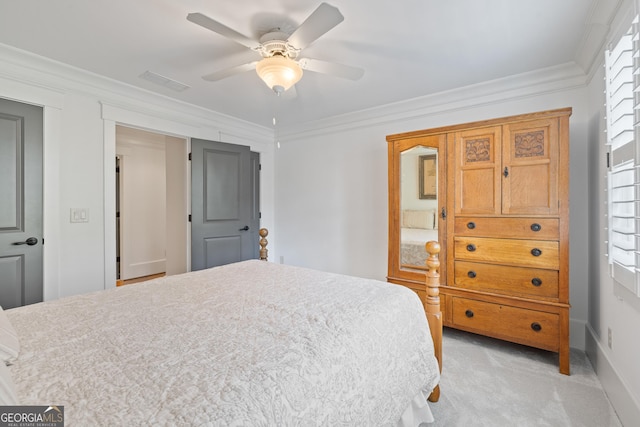 11660 Crabapple Rd, Roswell, GA 30075 - bedroom with ornamental molding, light colored carpet, and a ceiling fan