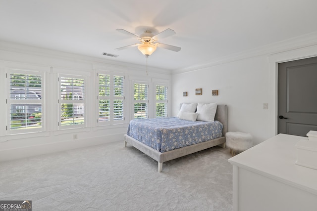 11660 Crabapple Rd, Roswell, GA 30075 - bedroom featuring multiple windows, light carpet, crown molding, and a ceiling fan